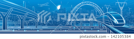Futuristic high speed train traveling through a modern smart city with elevated transportation infrastructure, highway, bridge, power lines, airplane and urban skyline Futuristic high speed train traveling through a modern smart city with elevated transportation infrastructure, highway, bridge, power lines, airplane and urban skyline 142105384