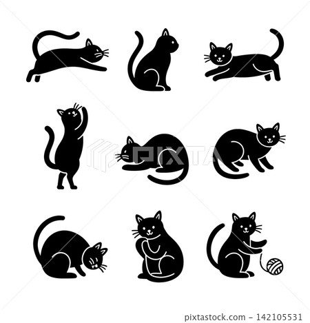 Playful black cat silhouette outline isolated separated for coloring lineart layered art Playful black cat silhouette outline isolated separated for coloring lineart layered art 142105531