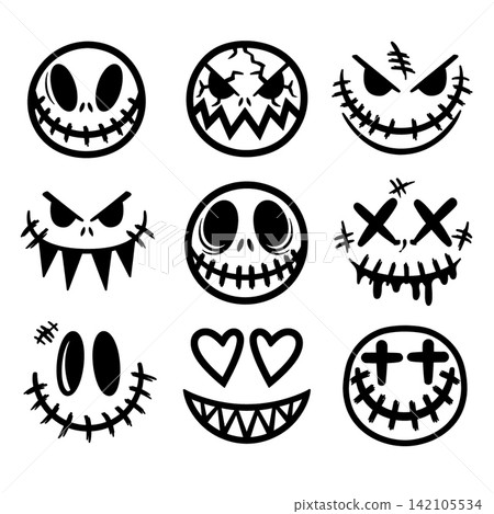 Scary spooky face skull halloween isolated separated layered lineart outline coloring 142105534