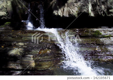 Waterfall Cascading Over Layered Rocks in Forest Waterfall Cascading Over Layered Rocks in Forest 142105671