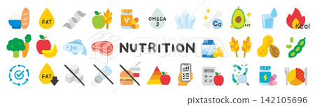 Hand-drawn flat icon set for nutrition and diet management Hand-drawn flat icon set for nutrition and diet management 142105696
