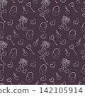 Hearts, bows, locks and keys, minimalist ink black line art. Seamless hand drawn vector Valentine pattern with romantic doodle design for coloring pages, wrapping paper, textiles, and stationery 142105914