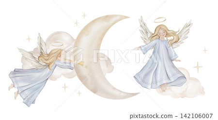 Christmas composition with two angels trumpets with light hair and nimbus on moon. Watercolor illustration Christian Nativity angel with wings and stars and clouds for religious baptism invitation. Christmas composition with two angels trumpets with light hair and nimbus on moon. Watercolor illustration Christian Nativity angel with wings and stars and clouds for religious baptism invitation. 142106007