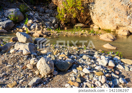 Scenic landscape with beautiful mountain brook. Idyllic scenery with clear water in small river. Fast water flow close-up Scenic landscape with beautiful mountain brook. Idyllic scenery with clear water in small river. Fast water flow close-up 142106297