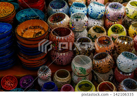 Traditional turkish crockery at oriental bazaar. Souvenirs from Turkey Traditional turkish crockery at oriental bazaar. Souvenirs from Turkey 142106335