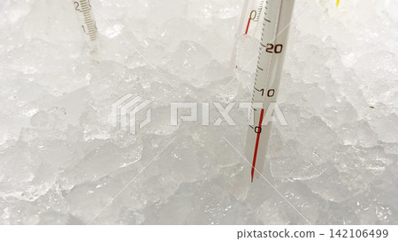 Glass laboratory thermometers measuring temperature in crushed ice bath Glass laboratory thermometers measuring temperature in crushed ice bath 142106499