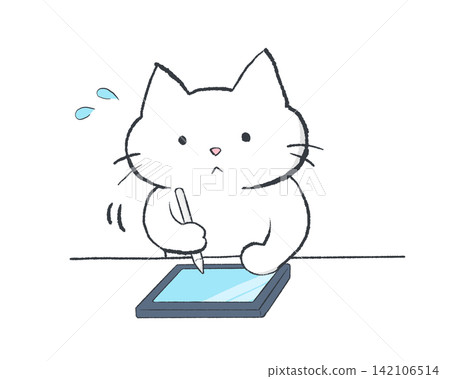 一隻放鬆的貓正在使用平板電腦(出汗) 一隻放鬆的貓正在使用平板電腦(出汗) 142106514