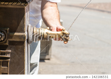 Close-up of a Hand Spout of Fountain to Drink Fresh Water in Europe street Close-up of a Hand Spout of Fountain to Drink Fresh Water in Europe street 142106531