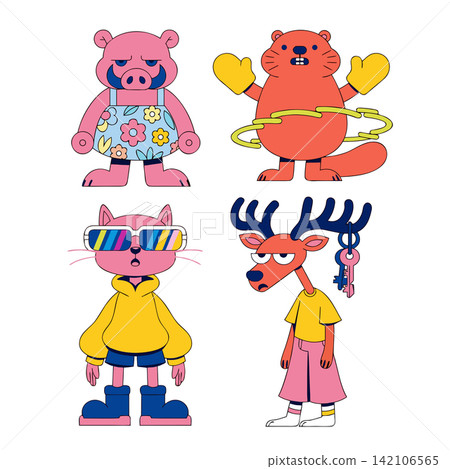 The image depicts four separate cartoon animal characters in a modern graphic style with a vibrant color palette The image depicts four separate cartoon animal characters in a modern graphic style with a vibrant color palette 142106565