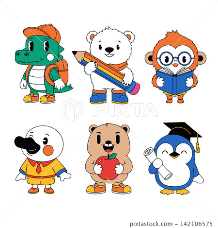 The image depicts six cartoon animal characters with a school theme 142106575