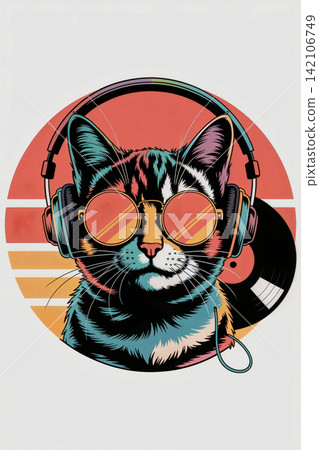 The image features a stylish vector illustration of a pet cat acting as a DJ or an avid music lover The image features a stylish vector illustration of a pet cat acting as a DJ or an avid music lover 142106749