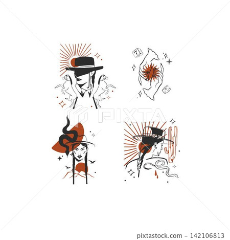 Wild West Western Vector Collection with Cowboy, Cowgirl, Horse, Boots, Cactus and Snake, Hand Drawn Vintage Desert Elements for Rodeo, Posters, Stickers, Apparel and Graphic Design 142106813