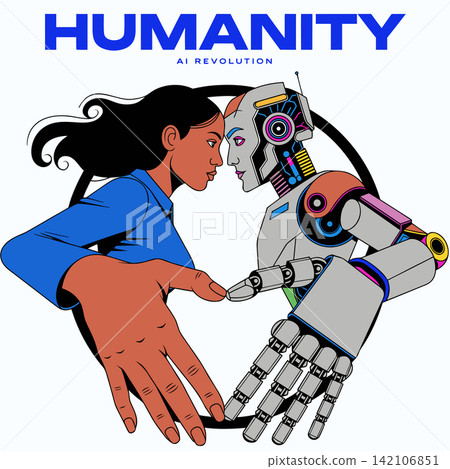 The image features a vibrant graphic illustration symbolizing the interaction between humans and artificial intelligence The image features a vibrant graphic illustration symbolizing the interaction between humans and artificial intelligence 142106851