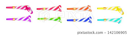 Color Party Blower Whistles Set of Celebration Happy Party. Realistic Detailed 3d. Vector Color Party Blower Whistles Set of Celebration Happy Party. Realistic Detailed 3d. Vector 142106905