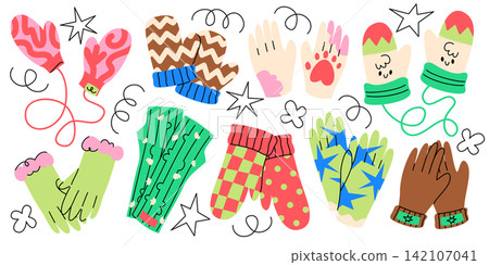 Cute Winter Mittens and Gloves Vector Set Cute Winter Mittens and Gloves Vector Set 142107041