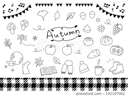 Autumn motif hand-drawn line art icon set Autumn motif hand-drawn line art icon set 142107062