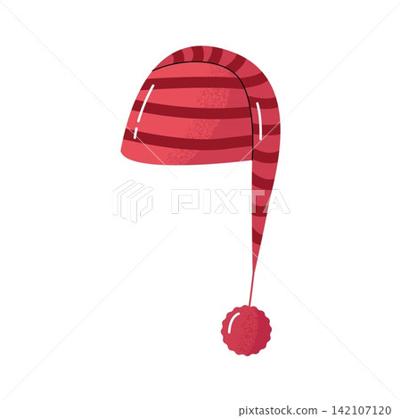 Long striped red winter beanie hat with pompom vector illustration Long striped red winter beanie hat with pompom vector illustration 142107120