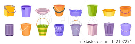 Water bucket. Plastic pail basin, empty different basket or tub. Round metal bin, laundry washbowl. Bowl for clothes. Housekeeping tanks. Washing equipment. Vector cartoon isolated set Water bucket. Plastic pail basin, empty different basket or tub. Round metal bin, laundry washbowl. Bowl for clothes. Housekeeping tanks. Washing equipment. Vector cartoon isolated set 142107254