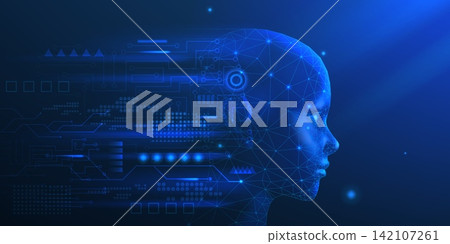 Ai background. Robot brain face, human tech head of future cyber data. 3d woman transformation, virtual man. Digital profile, artificial intelligence machine learning, technology vector poster Ai background. Robot brain face, human tech head of future cyber data. 3d woman transformation, virtual man. Digital profile, artificial intelligence machine learning, technology vector poster 142107261