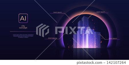 Ai city. 3d building infrastructure, virtual finance future or business graphic. House on platform, skyline. Futuristic banner. Glowing abstract skyscrapers. Cityscape vector graphics Ai city. 3d building infrastructure, virtual finance future or business graphic. House on platform, skyline. Futuristic banner. Glowing abstract skyscrapers. Cityscape vector graphics 142107264