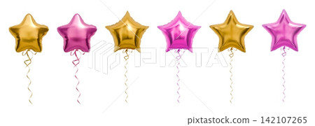 3d star balloon. Gold birthday ballon, golden happy baby foil with realistic string. Metallic flying inflated festive celebration object, helium party decoration. Vector render isolated set 142107265