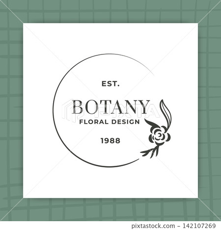 Circle flower wreath. Floral logo emblem. Minimal botanical badge with rose icon and circular wedding frame, elegant brand identity, stationery and professional graphic label. Vector template Circle flower wreath. Floral logo emblem. Minimal botanical badge with rose icon and circular wedding frame, elegant brand identity, stationery and professional graphic label. Vector template 142107269