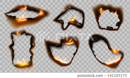 Paper burn. Circle fire burnt, flame hole or rectangle ripped frame effect. Spark edge empty border on transparent background, oval ragged decorative shapes. Vector isolated texture set Paper burn. Circle fire burnt, flame hole or rectangle ripped frame effect. Spark edge empty border on transparent background, oval ragged decorative shapes. Vector isolated texture set 142107273