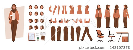 Arab woman. Saudi muslim lady in hijab, girl face or pose as arabian back constructor. Business person avatar. Professional worker, emotions with business clothing Vector cartoon collection Arab woman. Saudi muslim lady in hijab, girl face or pose as arabian back constructor. Business person avatar. Professional worker, emotions with business clothing Vector cartoon collection 142107278