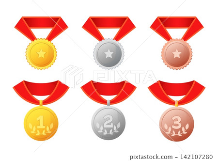 Award medals set. Gold, silver and bronze prizes with red ribbons, competition ranking symbols for achievement sport and business goals. winner place. Vector cartoon isolated illustration Award medals set. Gold, silver and bronze prizes with red ribbons, competition ranking symbols for achievement sport and business goals. winner place. Vector cartoon isolated illustration 142107280