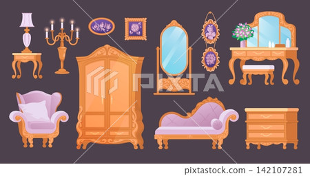 Castle bedroom. Vintage bed room interior, antique princess armchair as Victorian palace furniture. Royal nightstand. Traditional home decor mirrors and wall art. Vector cartoon flat set Castle bedroom. Vintage bed room interior, antique princess armchair as Victorian palace furniture. Royal nightstand. Traditional home decor mirrors and wall art. Vector cartoon flat set 142107281
