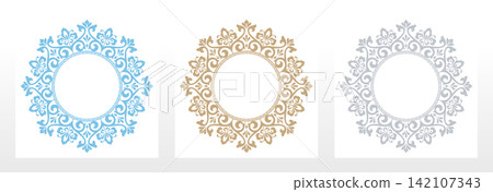 Set of decorative frames Elegant vector element for design in Eastern style, place for text. Floral colored frames. Lace illustration for invitations and greeting cards Set of decorative frames Elegant vector element for design in Eastern style, place for text. Floral colored frames. Lace illustration for invitations and greeting cards 142107343