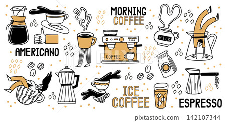 Coffee icons. Cafe shop character, food and cup art sticker set for hand drawn menu or poster. Cute latte mug and bean. Morning beverage preparation. Vector design cartoon flat illustration Coffee icons. Cafe shop character, food and cup art sticker set for hand drawn menu or poster. Cute latte mug and bean. Morning beverage preparation. Vector design cartoon flat illustration 142107344