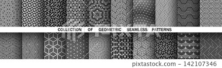 Geometric set of seamless black and gray patterns. Simple vector graphics Geometric set of seamless black and gray patterns. Simple vector graphics 142107346