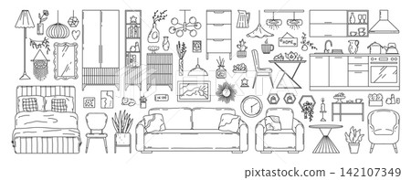 Line room. Outline kitchen interior, home design or house art decor as black and white table, modern linear sofa, furniture and decor, modern home styling. Vector flat style illustration Line room. Outline kitchen interior, home design or house art decor as black and white table, modern linear sofa, furniture and decor, modern home styling. Vector flat style illustration 142107349