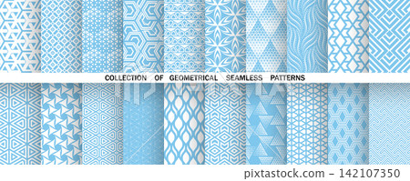 Geometric set of seamless blue and white patterns. Simple vector graphics Geometric set of seamless blue and white patterns. Simple vector graphics 142107350