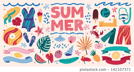 Summer icons. Cute doodle sea beach, fun ocean vacation leisure frame with simple holiday decoration. Sun tropical event. Colorful seasonal stickers collection. Vector cartoon isolated set Summer icons. Cute doodle sea beach, fun ocean vacation leisure frame with simple holiday decoration. Sun tropical event. Colorful seasonal stickers collection. Vector cartoon isolated set 142107371