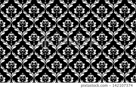 Wallpaper in the style of Baroque. White and black floral ornament. Seamless vector background. Graphic pattern for fabric, wallpaper, packaging. Ornate Damask flower illustration. Wallpaper in the style of Baroque. White and black floral ornament. Seamless vector background. Graphic pattern for fabric, wallpaper, packaging. Ornate Damask flower illustration. 142107374