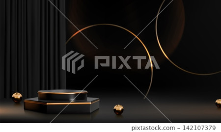 Black and gold podium. Luxury premium product in golden room, 3d light and dark scene with spotlight. Elegant product marketing presentation. Background with elegant platform. Vector design Black and gold podium. Luxury premium product in golden room, 3d light and dark scene with spotlight. Elegant product marketing presentation. Background with elegant platform. Vector design 142107379
