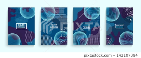 Abstract brochure cover set. Modern geometric posters with gradient spheres and halftone textures, contemporary graphic template for corporate identity and design. Vector flyer illustration Abstract brochure cover set. Modern geometric posters with gradient spheres and halftone textures, contemporary graphic template for corporate identity and design. Vector flyer illustration 142107384