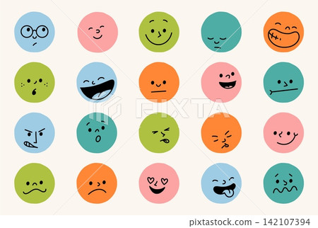 Kid face. Circle people avatar for happy smile profile, simple fun emotion mood. Diversity children persons. Doodle smile, mood reaction. Communication and emotional messaging. Vector icons set 142107394