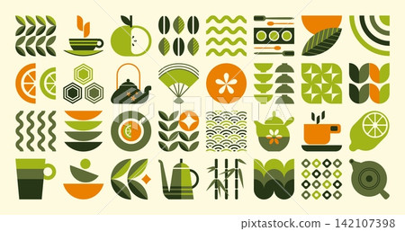 Tea pattern. Nature plant leaf, organic food brand element or abstract geometry mosaic flower composition. Fresh grain. Green eco drink. Logotype and emblems design. Vector background Tea pattern. Nature plant leaf, organic food brand element or abstract geometry mosaic flower composition. Fresh grain. Green eco drink. Logotype and emblems design. Vector background 142107398