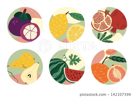 Fruit icon set. Tropical fruits in round badges, whole and sliced pieces, fresh food. Pomegranate, mangosteen and pear. Vitamin exotic ingredient. Vector cartoon isolated illustration Fruit icon set. Tropical fruits in round badges, whole and sliced pieces, fresh food. Pomegranate, mangosteen and pear. Vitamin exotic ingredient. Vector cartoon isolated illustration 142107399