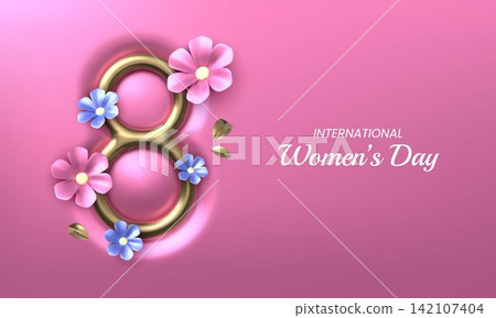 3d 8 march day. Spring woman flower, women or mother pink gift concept. Elegant international creative event. Elegant holiday greeting. Web banner spring season design. Vector concept 142107404