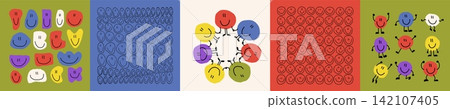 Smile pattern. Happy people face community of fun diverse friends, rainbow color kids. Friendship emotions, crowd composition. Print design, graphic background. Vector square posters set Smile pattern. Happy people face community of fun diverse friends, rainbow color kids. Friendship emotions, crowd composition. Print design, graphic background. Vector square posters set 142107405
