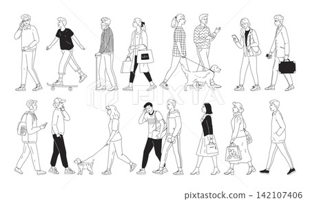 Line people. Outline doodle person, man woman and dog drawing with simple black adult human. Inclusion, diversity boy and girl with phones, bags and skateboard. Minimal vector outline set 142107406