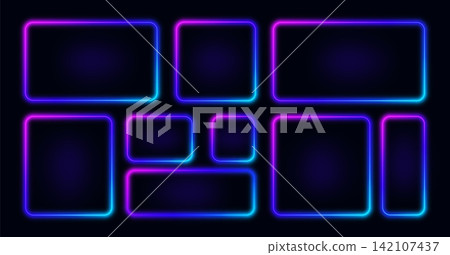 Neon light. Game box frame, square rectangle glow line effect or digital purple led border. 3d retro tech sign. Abstract luminous on dark background, vector shapes isolated decorative set Neon light. Game box frame, square rectangle glow line effect or digital purple led border. 3d retro tech sign. Abstract luminous on dark background, vector shapes isolated decorative set 142107437