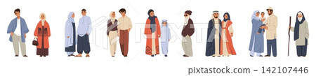 Arab family. Muslim woman character in hijab, Islam man person or Saudi couple with kid. Traditional white headscarf outfit. Happy people outdoors standing. Vector cartoon isolated set Arab family. Muslim woman character in hijab, Islam man person or Saudi couple with kid. Traditional white headscarf outfit. Happy people outdoors standing. Vector cartoon isolated set 142107446