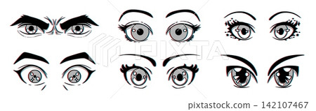 Manga girl set. Japanese eye character, japan graphic face art or kawaii print in comic style. Female woman drawing. Stylized manga emotions and makeup details, Vector cartoon illustration Manga girl set. Japanese eye character, japan graphic face art or kawaii print in comic style. Female woman drawing. Stylized manga emotions and makeup details, Vector cartoon illustration 142107467