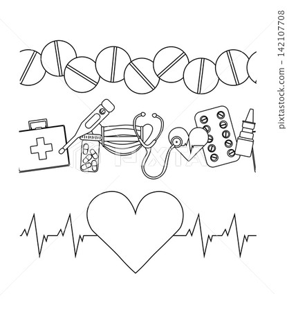 Pharmacy Bottles and Blister Packs Pharmacy seamless border set horizontal hand drawn illustration. Vector graphic line art. Banner, poster, wrapping paper, sticker, print, modern textile design. 142107708