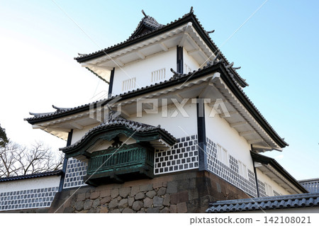 Kanazawa Castle Turret Low Angle View Showing White Walls and Copper Balcony 142108021